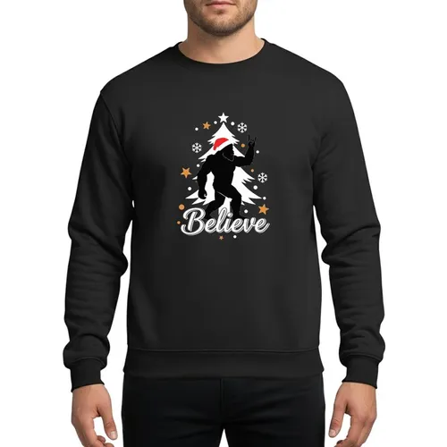 Bigfoot Believers' Stylized Black Bigfoot Rock-On Santa Hat White Christmas Tree Believe Script Gold Star Snowflakes Sweatshirt