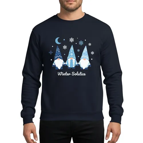 Winter Solstice Enthusiasts' Whimsical Three Gnomes Holding Hands Navy Sky Icy Blue Snowflake Hat Crescent Moon Art Sweatshirt