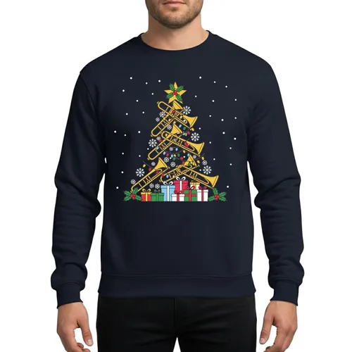 Trombone Players' Golden Brass Trombone Christmas Tree Holly Berries Snowflakes Gift Boxes Magenta Flat Graphic Sweatshirt