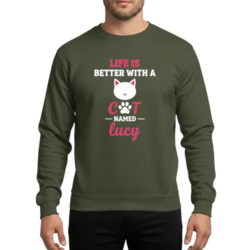 Cat Parents' Hot Pink White Minimalist Cat Head & Paw Print Graphic with Life Is Better With A Cat Named Lucy Typography Sweatshirt