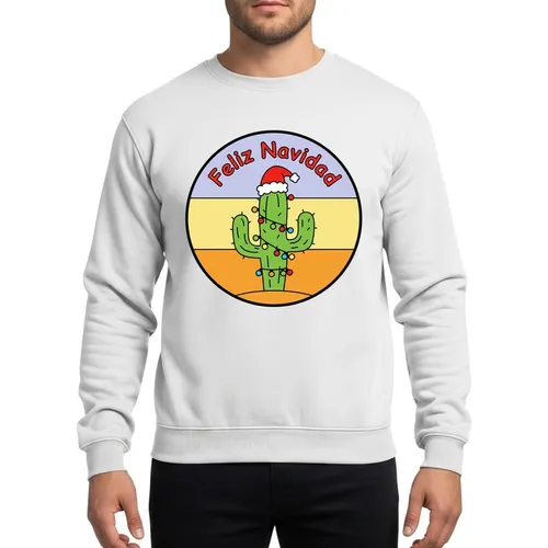 Christmas Lovers' Whimsical Circular Vibrant Green Saguaro Cactus, Red Santa Hat, Multi-Color Lights, Feliz Navidad Sweatshirt