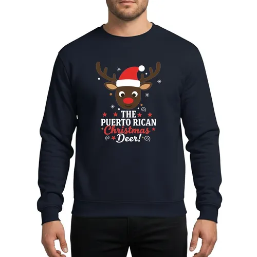 Puerto Rican Holiday Celebrators' Vibrant Flat Color Christmas Reindeer, Santa Hat, White & Red Text, Snowflakes & Stars Sweatshirt
