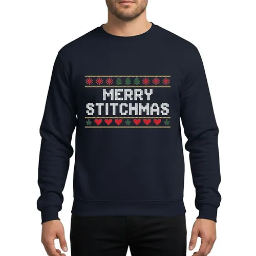 Crafters' Chunky White 'MERRY STITCHMAS' Cross-Stitch Text, Golden Red Snowflake Green Tree Heart Star Borders Sweatshirt