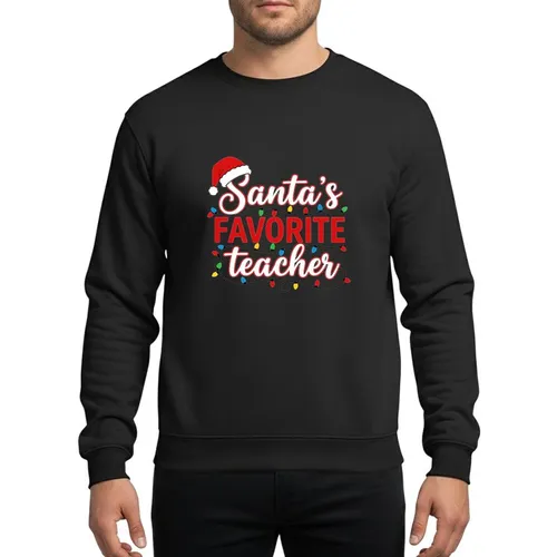 Teachers' Festive Red Script "Santa's FAVORITE Teacher" with Whimsical Santa Hat & Vibrant Christmas Lights Typographic Art Sweatshirt