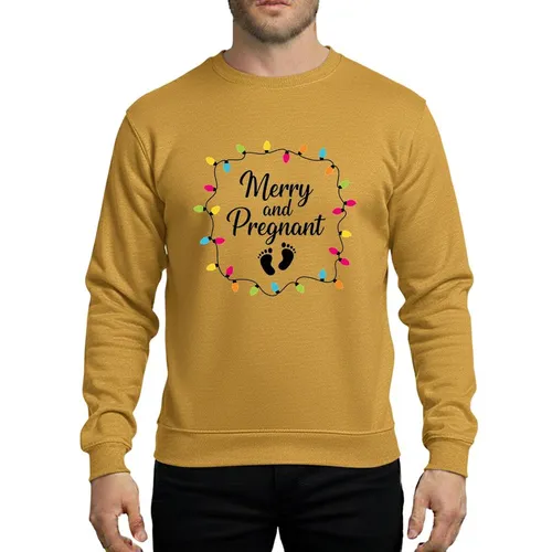 Mothers-to-Be Expecting Twins Yellow Green Blue Pink Orange Christmas Lights 'Merry & Pregnant' Script with Baby Footprints Sweatshirt