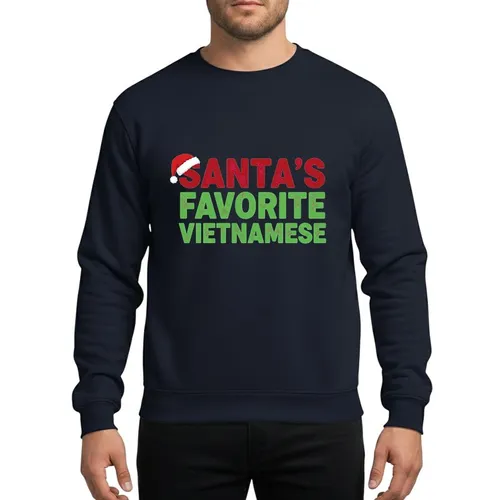 Vietnamese Heritage Enthusiasts' Festive Red Green Distressed Typographic 'Santa's Favorite Vietnamese' Graphic Sweatshirt