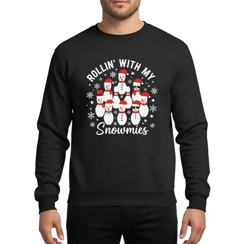 Christmas Celebrators' Whimsical Snowman Bowling Pin White Red Orange Santa Hat Snowflake Star Design Sweatshirt