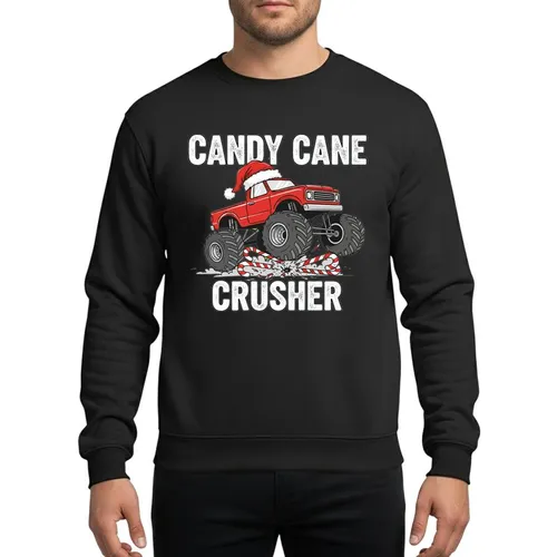 Boys' Distressed Red Monster Truck Crushing Candy Canes Santa Hat Festive Holiday Graphic Sweatshirt