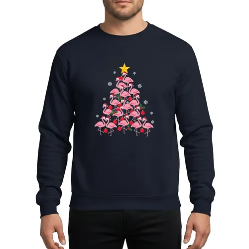 Holiday Bird Lovers' Whimsical Pink Flamingo Christmas Tree with Red Santa Hats, Holly, Yellow Star Sweatshirt