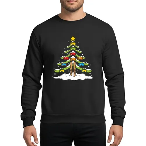 Snowboarders' & Skiers' Whimsical Ski Pole Christmas Tree Golden Star Bright Red Orange Blue Goggle Ornaments Sweatshirt