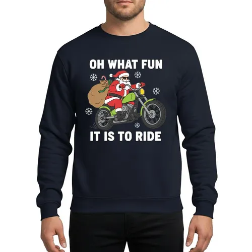 Motorcycle Riders' Festive Christmas Dynamic Biker Santa Chopper with Green Tank, 'OH WHAT FUN IT IS TO RIDE' Text, White Snowflakes Sweatshirt