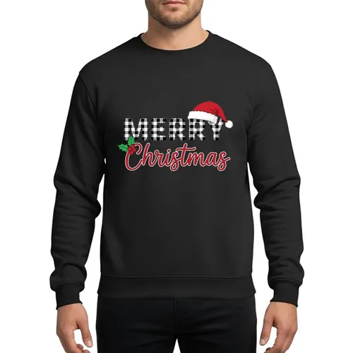 Women's Whimsical Black White Buffalo Plaid 'MERRY' Santa Hat & Red Script 'CHRISTMAS' Holly Design Sweatshirt
