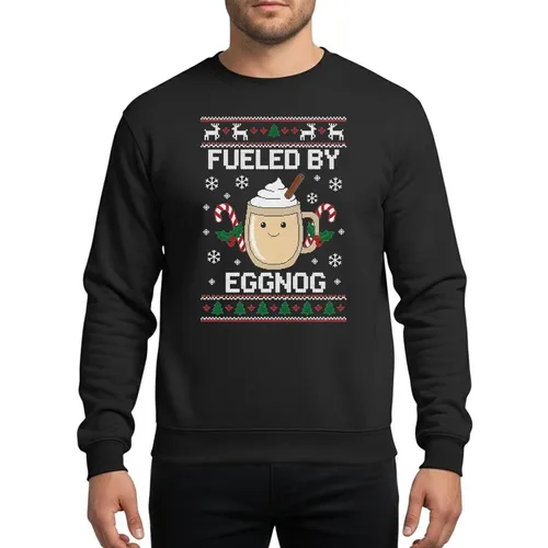 Holiday Enthusiasts' Ugly Sweater Pixel Knit 'Fueled By Eggnog' Mug, Candy Cane, Reindeer Graphic Sweatshirt