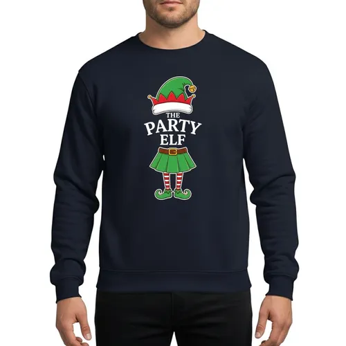 Family & Friends' Whimsical Elf Hat Skirt Red White Striped Legs Gold Accents Christmas Party Design Sweatshirt