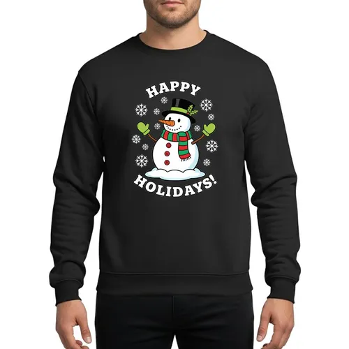 Holiday Celebrators Joyful Illustrative Plump White Snowman Red Green Scarf Orange Carrot Nose Happy Holidays Lettering Sweatshirt