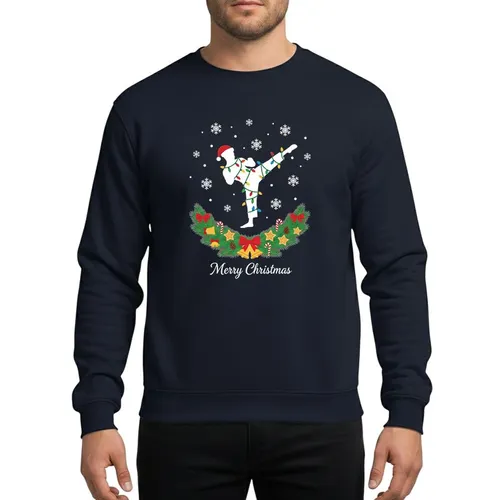 Taekwondo Lovers' White High Kick, Red Santa Hat, Multi-Color Lights & Holiday Garland Sweatshirt