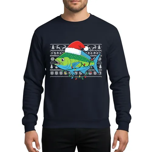 Fishing Enthusiasts' Vibrant Green Mahi-Mahi Santa Hat Christmas Lights Ugly Sweater Pattern Sweatshirt