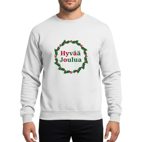 Nordic Christmas Lovers' Traditional Finnish 'Hyvää Joulua' Red Green Holly Wreath Flat Vector Design Sweatshirt