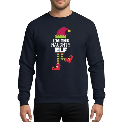 Festive Fans Playful Naughty Elf Deep Pink Hat Lime Green Stripes Red Legs Gold Buckle Design Sweatshirt
