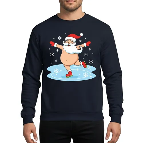 Festive Humor Fans' Humorous Cartoon Santa Belly Exposed Ice Skating Red Hat Mittens Sweatshirt