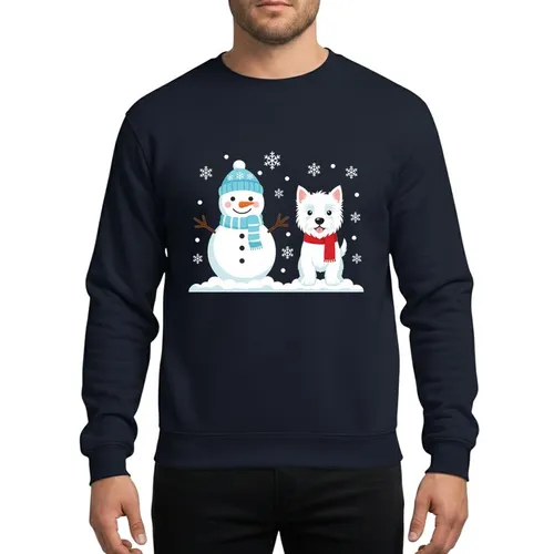 Westie Lovers' Whimsical White Westie Dog Blue Beanie Snowman Red Scarf Snowfall Art Sweatshirt