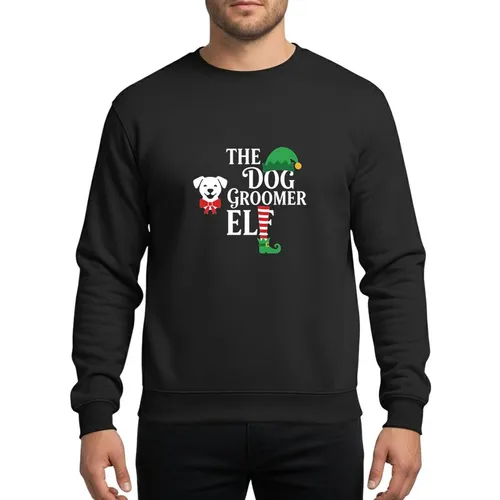 Dog Groomers' Whimsical Christmas Elf Hat Dog Face & Striped Elf Leg Graphic, Red Green White Yellow Sweatshirt