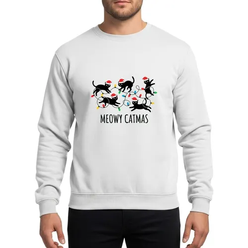 Family Cat Lovers' Whimsical Black Cat Red Santa Hat Tangled Red Green Blue Yellow Lights Design Sweatshirt