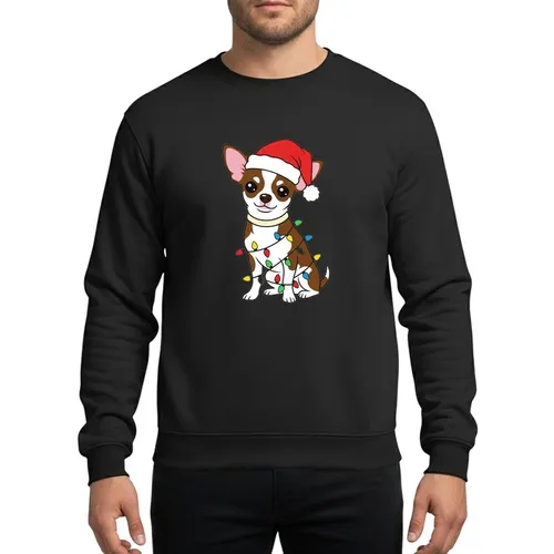 Chihuahua Lovers' Whimsical Brown & White Chihuahua Festive Santa Hat Christmas Lights Sweatshirt