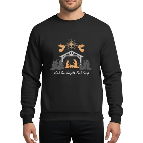 Holiday Celebrators' Gold Silver White Minimalist Nativity Silhouette Radiant Star & Trumpet Angels Script Sweatshirt