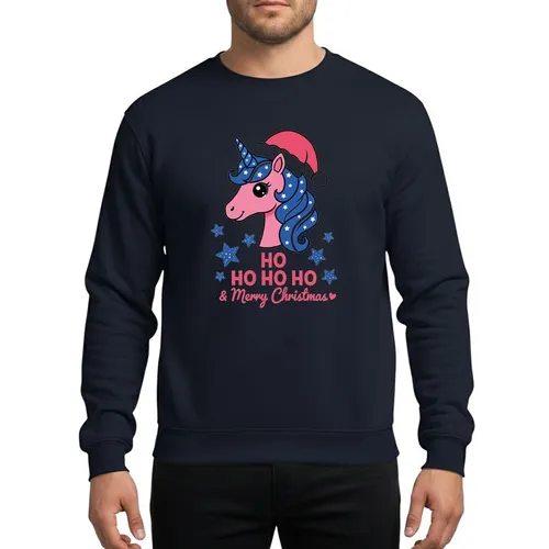 Family Christmas Fans' Cheerful Pink Unicorn Red Santa Hat Dark Blue Star Mane Ho Ho Ho & Merry Christmas Design Sweatshirt