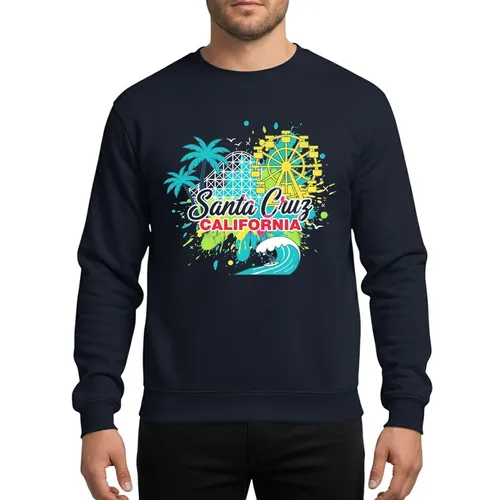 Coastal Adventure Seekers' Pink Script Santa Cruz California Retro Surf & Amusement Park Neon Splatter Sweatshirt