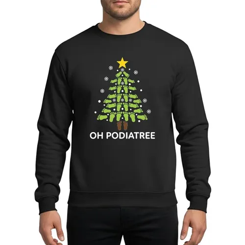 Podiatry Professionals Humorous Lime Green Footprint Christmas Tree, Yellow Star & 'OH PODIATREE' Text Sweatshirt