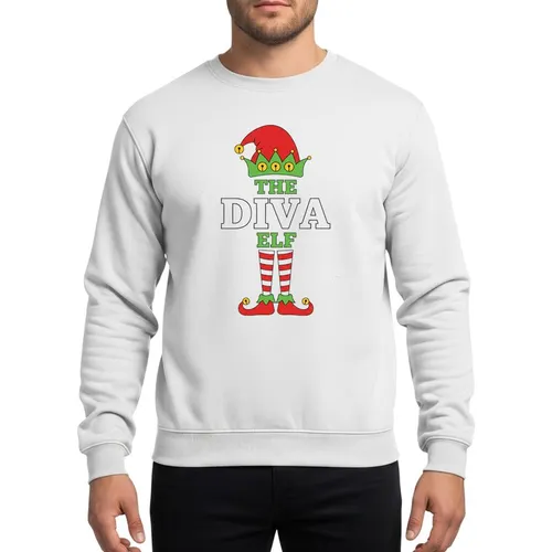 Holiday Family Festive Red Green Elf Hat, Bold White DIVA Text, Striped Elf Legs Sweatshirt