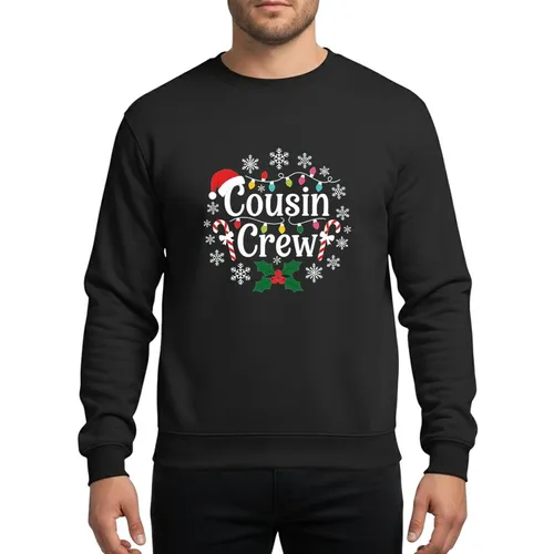 Holiday Family's Festive 'Cousin Crew' White Text, Santa Hat, Multicolored Lights, Snowflakes, Candy Canes, Holly Sweatshirt