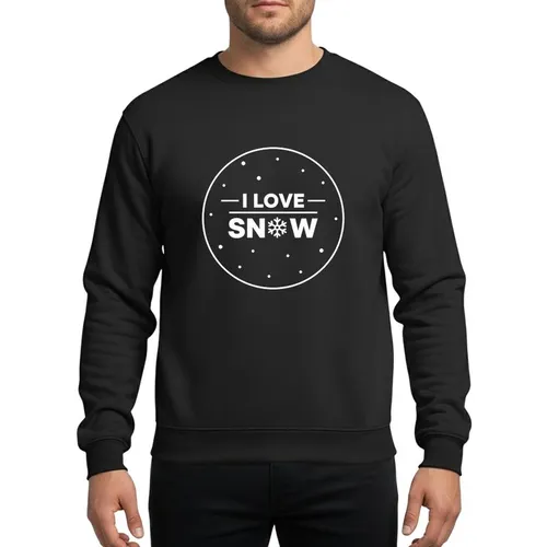 Snow Lovers' Minimalist White 'I LOVE SNOW' with Geometric Snowflake 'O' & Falling Dots Emblem Sweatshirt