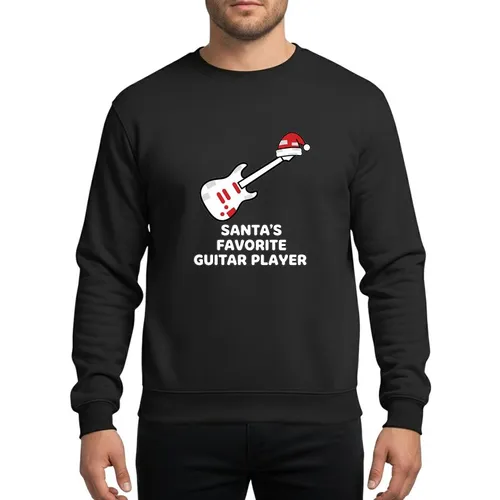 Guitar Players' Festive Red White Black Outlined Electric Guitar Santa Hat Holiday Graphic Sweatshirt