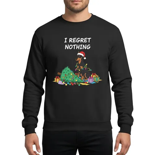 Doberman Lovers' Naughty Doberman Santa Hat Toppled Christmas Tree 'I Regret Nothing' Red Green Festive Art Sweatshirt