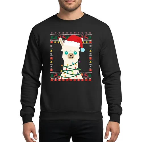 Festive Holiday Lovers' Santa Llama Tangled Multi-Color Christmas Lights Red Green Black Ugly Sweater Art Sweatshirt