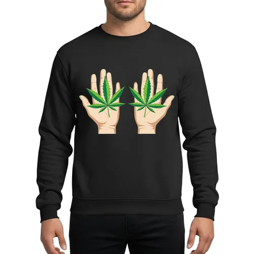 Art Enthusiasts' Symmetrical Hands Holding Distinctive Serrated Leaf Lime Emerald Green Flat Art Sweatshirt