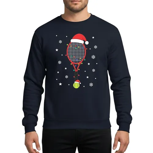 Tennis Player's Christmas Red Tennis Racket & Neon Ball with Santa Hats, Multi-Color Christmas Lights, White Snowflakes Black Sky Sweatshirt