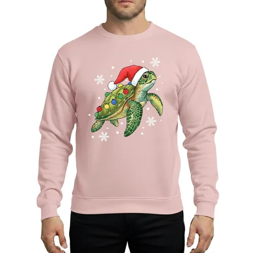 Holiday Lovers' Watercolor Sea Turtle Red Santa Hat Colorful Christmas Lights Snowflakes Sweatshirt