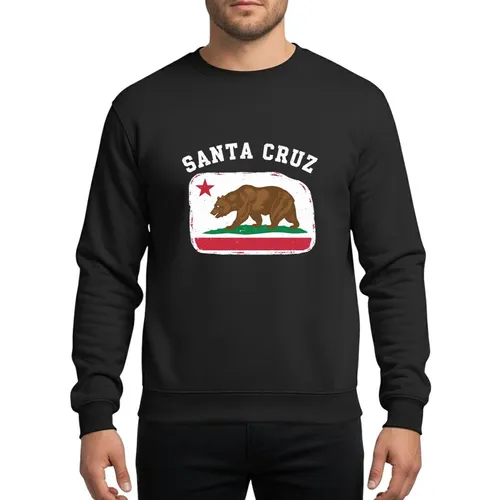 California Style Enthusiasts' Distressed White Collegiate SANTA CRUZ Text, Brown Grizzly Bear, Red Star & Stripe Grunge Graphic Sweatshirt