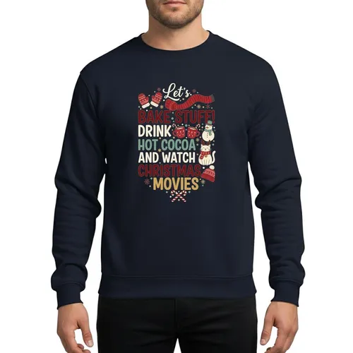Christmas Enthusiasts' Festive Rustic Typography with Cozy Mittens, Snowman, Cocoa Mugs, & Reindeer Cat Sweatshirt