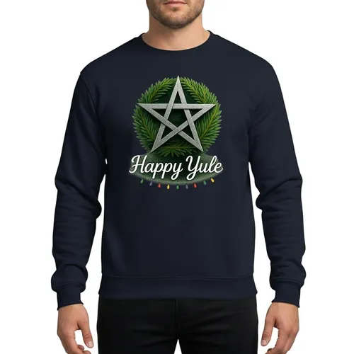 Solstice Celebrators' Shimmering Silver Pentagram Green Pine Wreath Happy Yule Light Graphic Sweatshirt