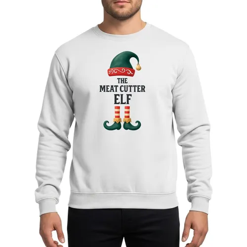 Meat Cutting Professionals Whimsical Emerald Green Elf Hat Golden Bell Red Striped Legs Distressed Text Sweatshirt