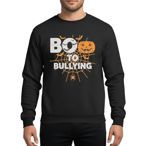 Halloween Enthusiasts' Distressed Orange & Grey 'BOO TO BULLYING' Jack-o'-Lantern, Moon & Bats Graphic Sweatshirt