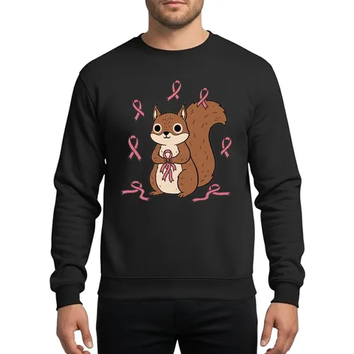 Kindness Advocates' Hand-Drawn Brown Squirrel Holding Vibrant Pink Ribbon Cascade Artwork Sweatshirt