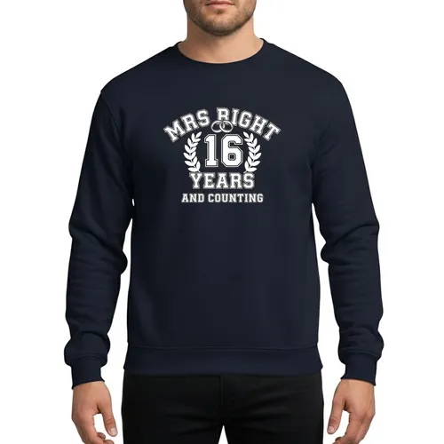 Wife's White Black Outlined Varsity Collegiate 'Mrs Right 16 Years And Counting' Emblem with Rings Sweatshirt