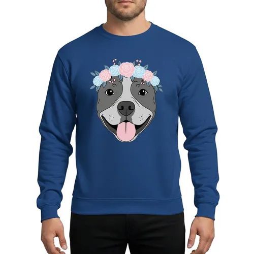 Pitbull Lovers' Happy Grey Pitbull Head Pastel Pink Blue Floral Crown Flat Art Sweatshirt