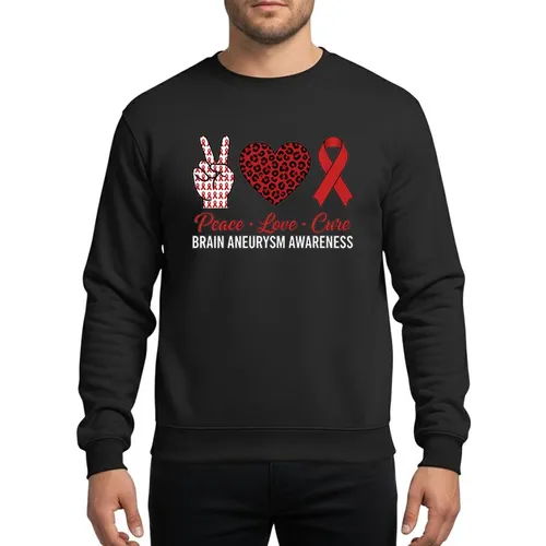 Hope Advocates' Red Ribbons Peace Sign, Crimson Leopard Heart, Red Ribbon, Peace Love Cure Script, Brain Aneurysm Awareness Slogan Sweatshirt